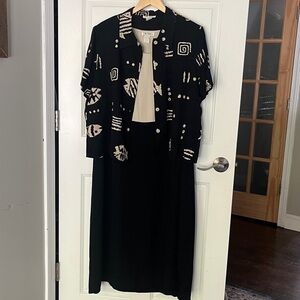 Vintage Black, Tan Tribal Patterned Jacket, Sleeveless Midi Dress Set